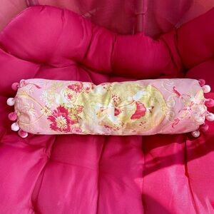 Pink French Country Cylinder Shaped Pillow with Pom Poms